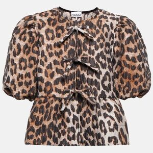 Ganni Leopard Print Jacquard Puff Sleeve Blouse